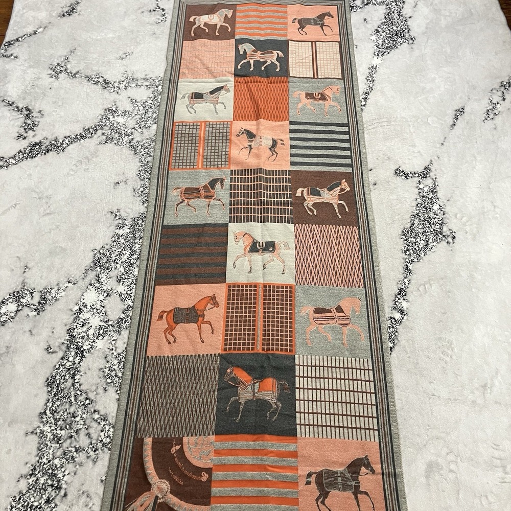 Equestrian Horse Print‎ Scarf Orange Gray Square Scarf Lightweight Wrap - Picture 8 of 9